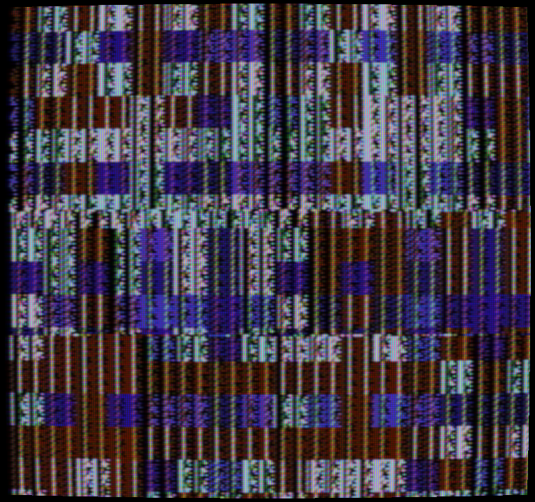 The scroll world as the switch-level PPU drew it: a scrolled XOR-patterned background with visible breaks where mid-frame register writes changed the scroll.
