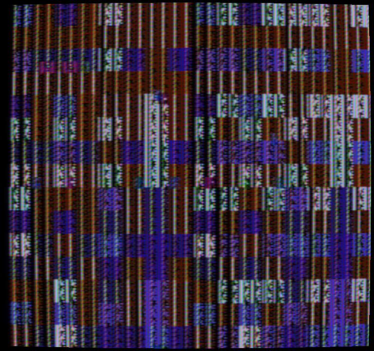 The sprite world as the switch-level PPU drew it, through the family's NTSC path: 64 sprites over an XOR-patterned background on a simulated CRT.