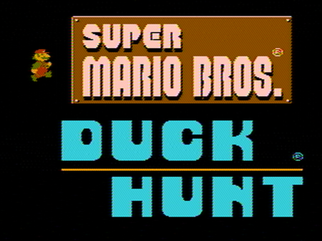 The Super Mario Bros. / Duck Hunt cartridge menu decoded from the terminated scope record: the title logo and the cyan Duck Hunt letters on black.