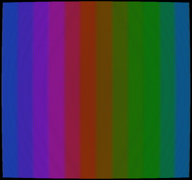 Twelve NES hue bands stepping around the colour wheel, rendered inside a simulated CRT: curved, corner-rounded, scanlined, with an aperture-grille mask.