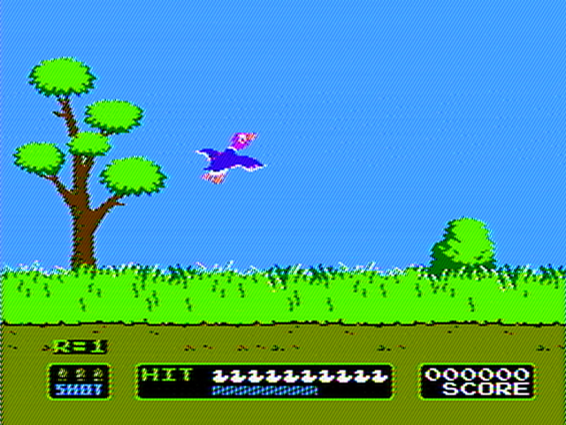 Duck Hunt in play, decoded from the raw scope capture: blue sky, green tree and grass, a duck mid-flight, the HIT and SCORE bar.