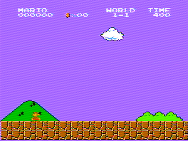 Super Mario Bros., World 1-1 paused, decoded from the raw scope capture: purple-blue sky, cloud, green hill, orange bricks.